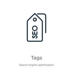 Tags icon. Thin linear tags outline icon isolated on white background from search engine optimization collection. Line vector sign, symbol for web and mobile