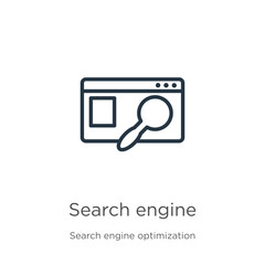 Search engine icon. Thin linear search engine outline icon isolated on white background from search engine optimization collection. Line vector sign, symbol for web and mobile