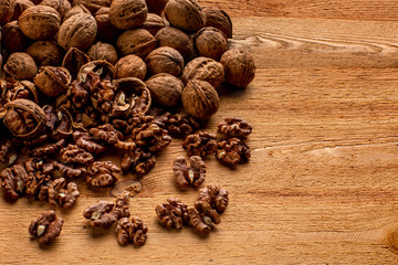 nuts, nuts on a wooden table