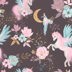 Fairy magical garden. Unicorn seamless pattern, pink, blue, gold flowers, leaves , birds and clouds. Kids room wallpaper © Fleur*Design