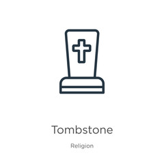 Tombstone icon. Thin linear tombstone outline icon isolated on white background from religion collection. Line vector sign, symbol for web and mobile