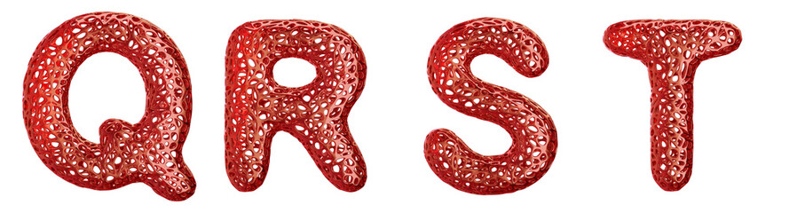 Realistic 3D letters set Q, R, S, T made of red plastic.
