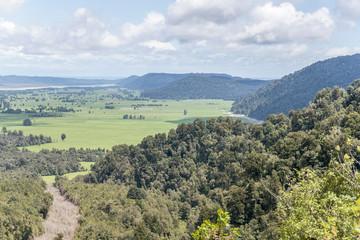 Obraz premium aerial of green countryside near Fox Glacier, West Coast, New Zealand
