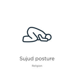 Sujud posture icon. Thin linear sujud posture outline icon isolated on white background from religion collection. Line vector sign, symbol for web and mobile