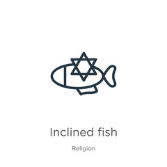 Inclined fish icon. Thin linear inclined fish outline icon isolated on white background from religion collection. Line vector sign, symbol for web and mobile