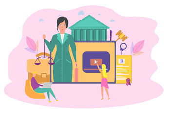 A woman lawyer conducts an online consultation. Online consultation system, lawyer service concept. Personal blog of a lawyer. Colorful vector illustration.