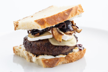 close up of homemade cheese burger with bread