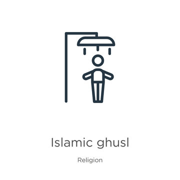 Islamic ghusl icon. Thin linear islamic ghusl outline icon isolated on white background from religion collection. Line vector sign, symbol for web and mobile