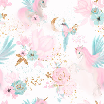 Fototapeta Fairy magical garden. Unicorn seamless pattern, pink, blue, gold flowers, leaves , birds and clouds. Kids room wallpaper