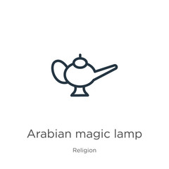 Arabian magic lamp icon. Thin linear arabian magic lamp outline icon isolated on white background from religion collection. Line vector sign, symbol for web and mobile