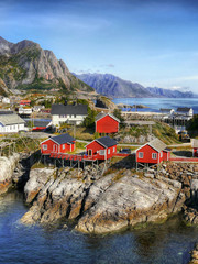 Lofoten Islands Norway, Coast Landscape fishing village - obrazy, fototapety, plakaty
