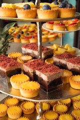 Fruit tartlets dessert and pastry cake sweets on trays