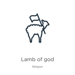 Lamb of god icon. Thin linear lamb of god outline icon isolated on white background from religion collection. Line vector sign, symbol for web and mobile