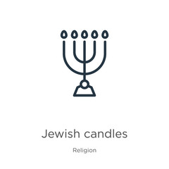 Jewish candles icon. Thin linear jewish candles outline icon isolated on white background from religion collection. Line vector sign, symbol for web and mobile