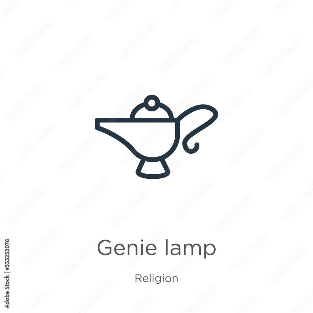 Poster genie lamp icon. thin linear genie lamp outline icon isolated on white background from religion coll