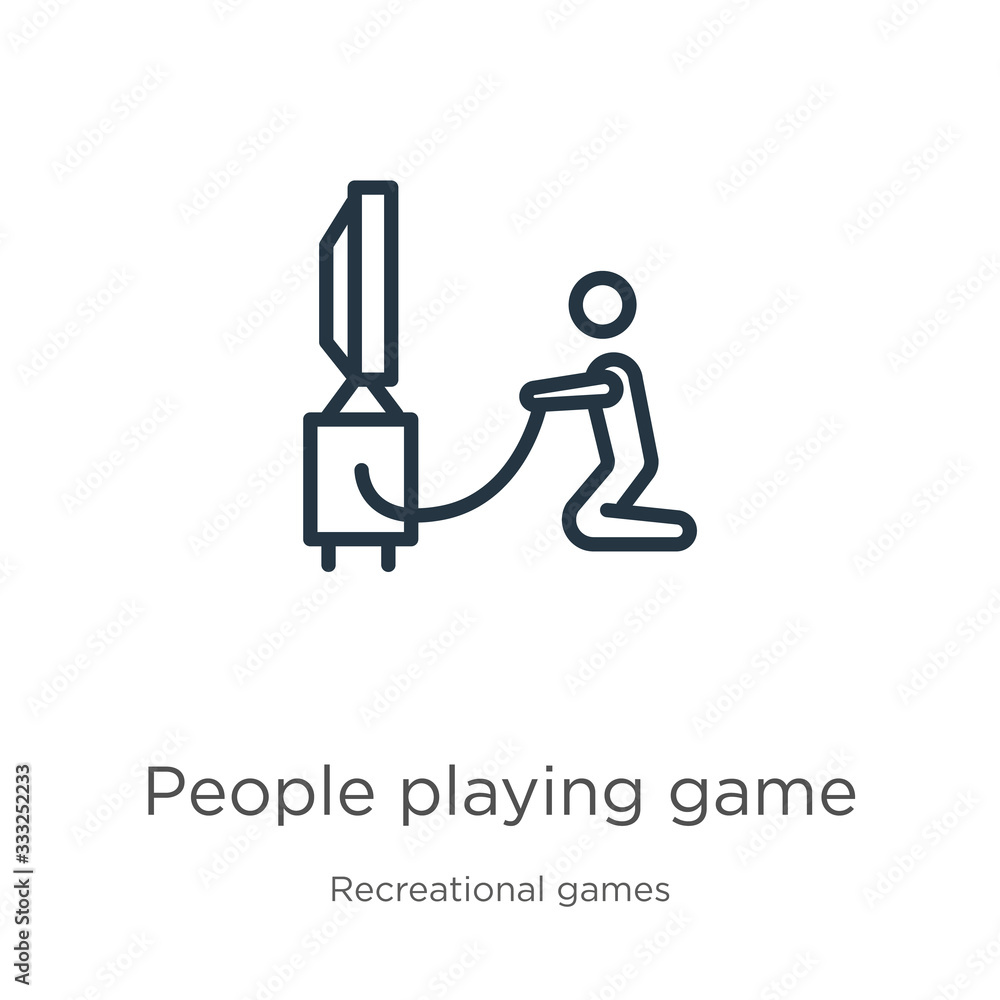 Poster people playing game icon. thin linear people playing game outline icon isolated on white background 