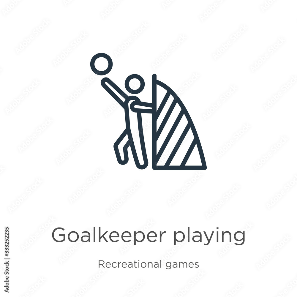 Poster goalkeeper playing icon. thin linear goalkeeper playing outline icon isolated on white background fr