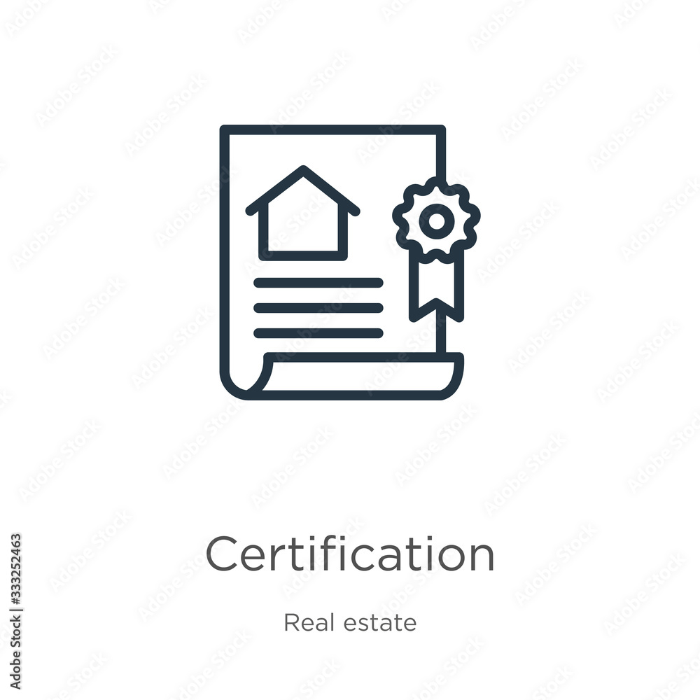Aufkleber certification icon. thin linear certification outline icon isolated on white background from real es