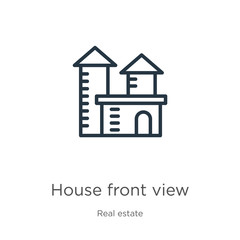 House front view icon. Thin linear house front view outline icon isolated on white background from real estate collection. Line vector sign, symbol for web and mobile