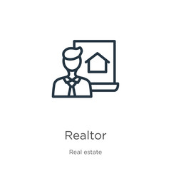 Fototapeta premium Realtor icon. Thin linear realtor outline icon isolated on white background from real estate collection. Line vector sign, symbol for web and mobile