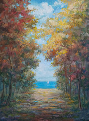 Naklejka na ściany i meble View on the autumn park with small path and trees and golden foliage near the sea