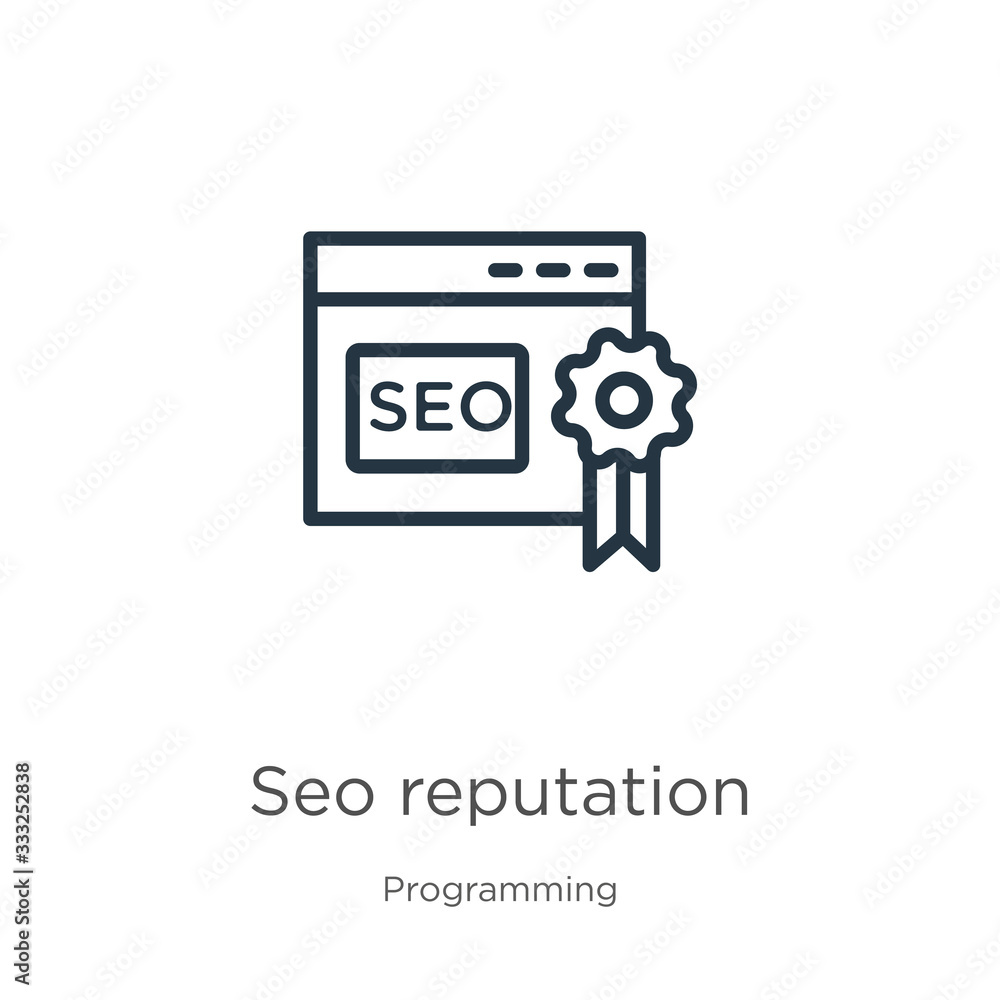 Poster seo reputation icon. thin linear seo reputation outline icon isolated on white background from progr