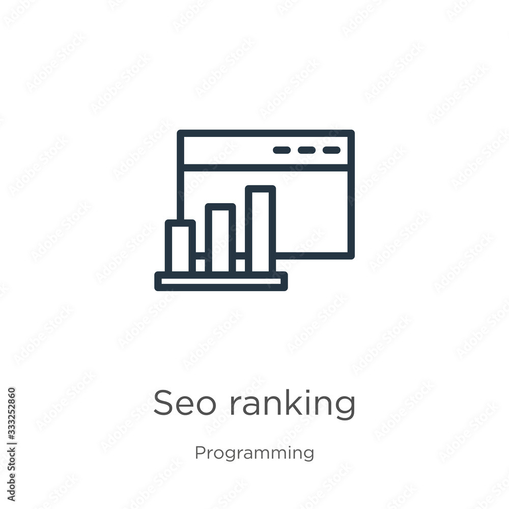Poster seo ranking icon. thin linear seo ranking outline icon isolated on white background from programming