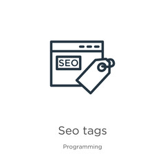 Seo tags icon. Thin linear seo tags outline icon isolated on white background from programming collection. Line vector sign, symbol for web and mobile