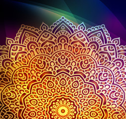 Mandala, tracery round boho background. Ethnic ornament. Folk, meditation design. Colored curved shape.