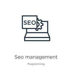 Seo management icon. Thin linear seo management outline icon isolated on white background from programming collection. Line vector sign, symbol for web and mobile