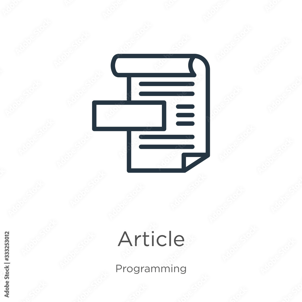 Aufkleber article icon. thin linear article outline icon isolated on white background from programming collect