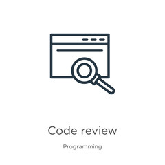 Code review icon. Thin linear code review outline icon isolated on white background from programming collection. Line vector sign, symbol for web and mobile