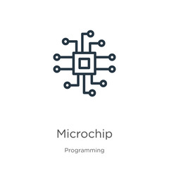Obraz premium Microchip icon. Thin linear microchip outline icon isolated on white background from programming collection. Line vector sign, symbol for web and mobile