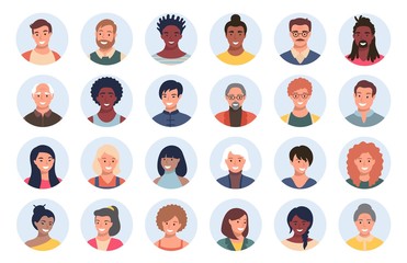 Set of persons, avatars, people heads of different ethnicity and age in flat style. Multi nationality social networks people faces collection. - 333253062