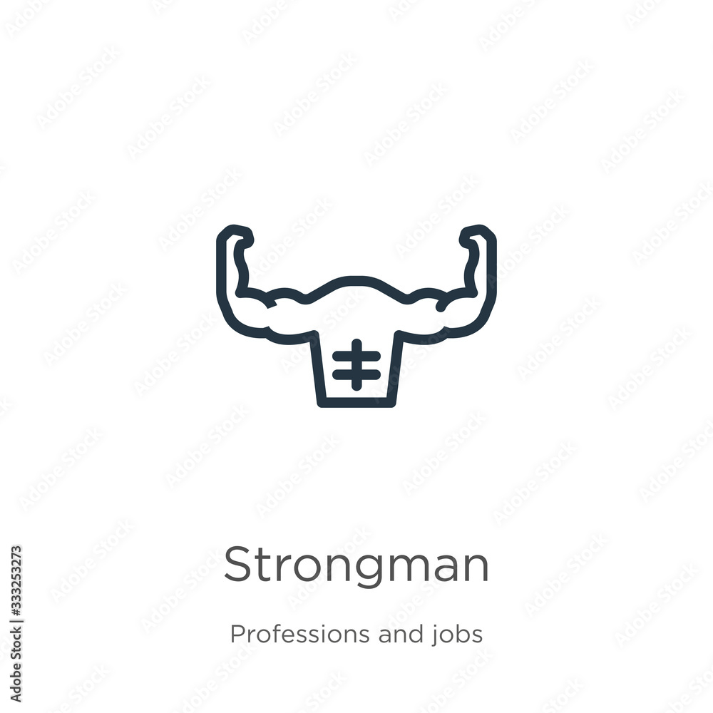 Poster strongman icon. thin linear strongman outline icon isolated on white background from professions and