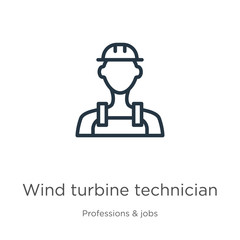 Wind turbine technician icon. Thin linear wind turbine technician outline icon isolated on white background from professions collection. Line vector sign, symbol for web and mobile