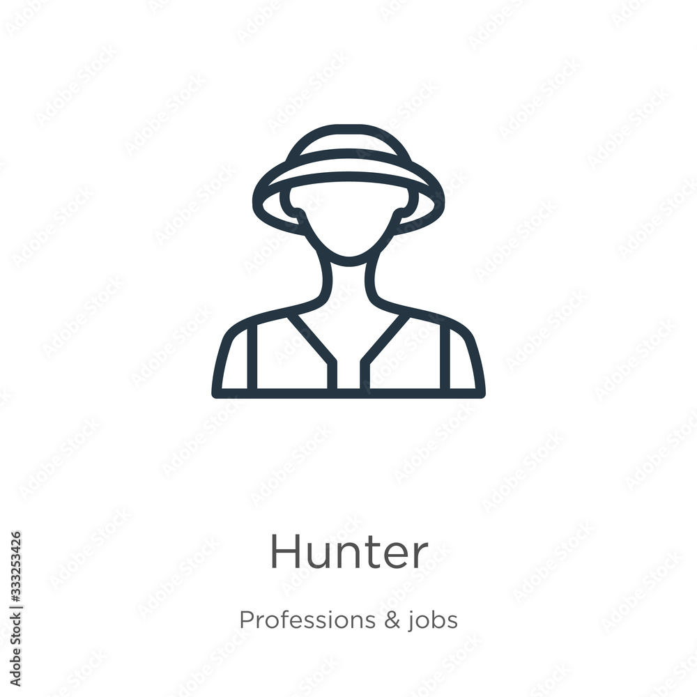Poster hunter icon. thin linear hunter outline icon isolated on white background from professions collectio