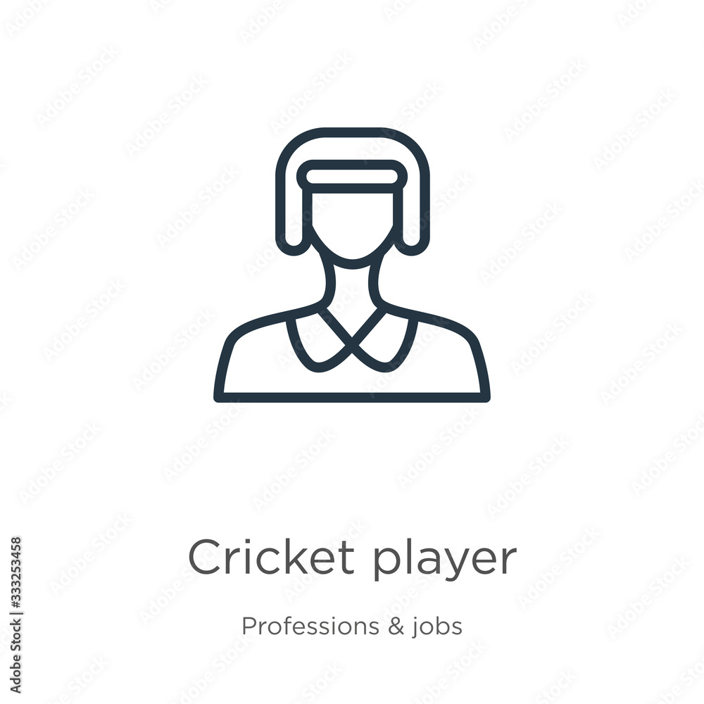 Poster cricket player icon. thin linear cricket player outline icon isolated on white background from profe