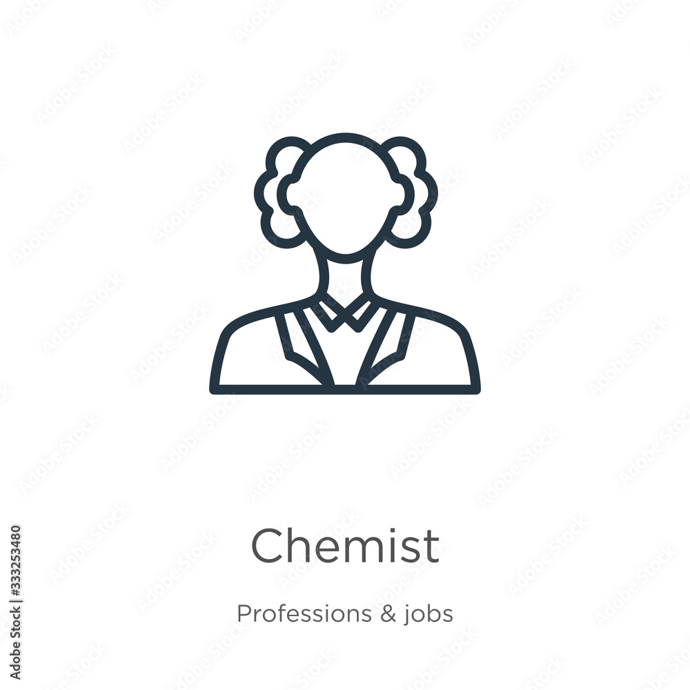 Poster chemist icon. thin linear chemist outline icon isolated on white background from professions collect