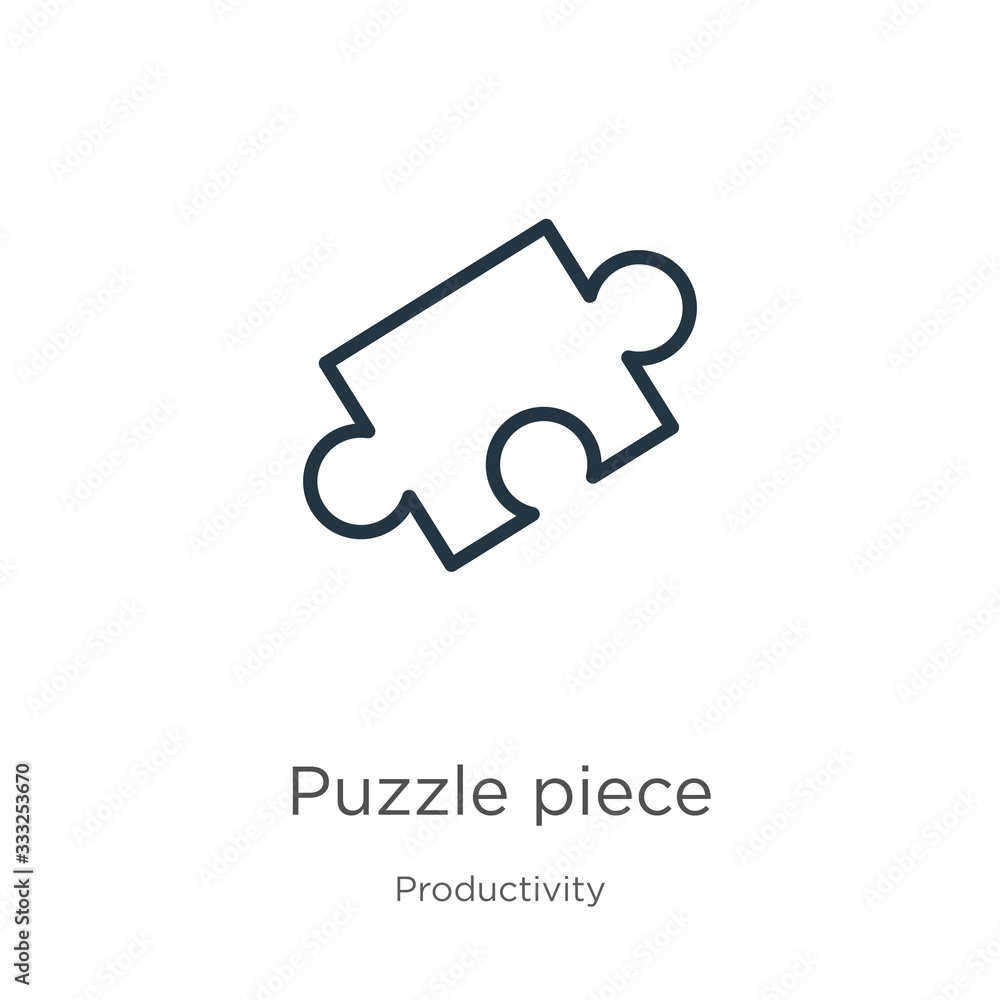 Poster puzzle piece icon. thin linear puzzle piece outline icon isolated on white background from productiv