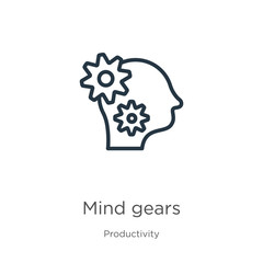 Mind gears icon. Thin linear mind gears outline icon isolated on white background from productivity collection. Line vector sign, symbol for web and mobile
