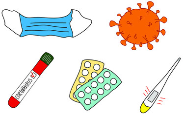 Icons of the disease. Medical mask, coronavirus molecule, positive blood test, pills, thermometer. Disease, pandemic, infection, virus