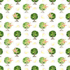 Seamless pattern of watercolor spring trees on a white background.