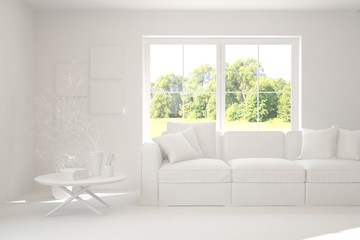 White living room with sofa and summer landscape in window. Scandinavian interior design. 3D illustration