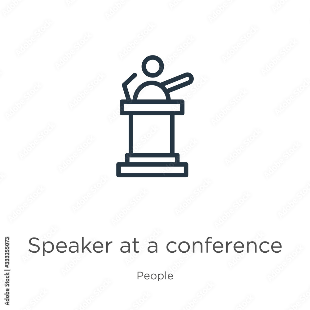 Poster speaker at a conference icon. thin linear speaker at a conference outline icon isolated on white bac