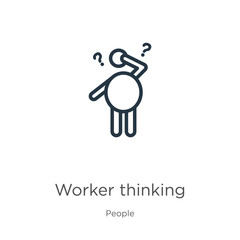 Worker thinking icon. Thin linear worker thinking outline icon isolated on white background from people collection. Line vector sign, symbol for web and mobile
