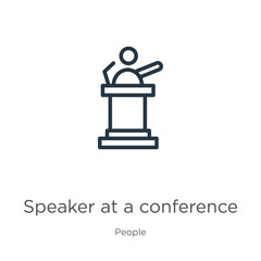 Speaker at a conference icon. Thin linear speaker at a conference outline icon isolated on white background from people collection. Line vector sign, symbol for web and mobile