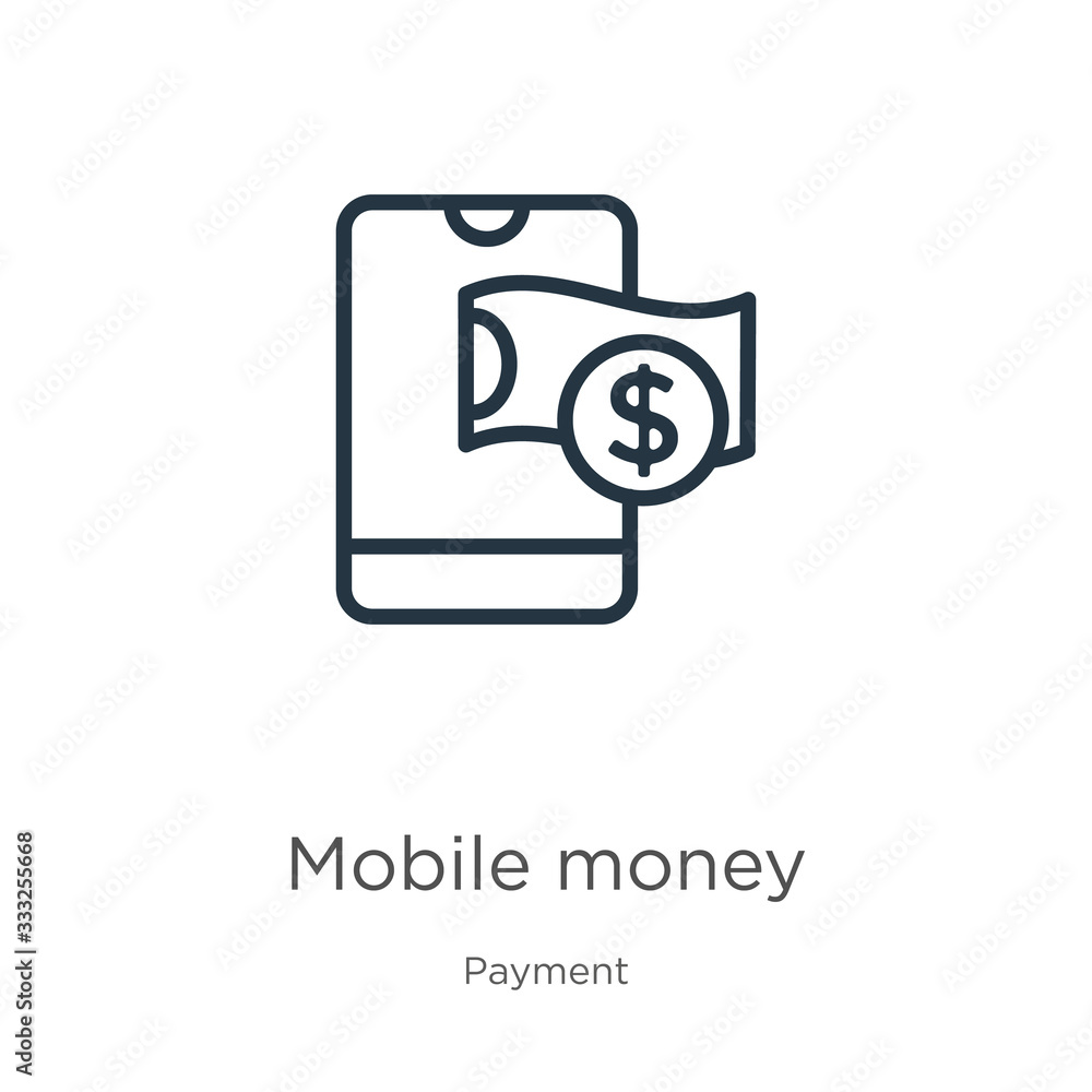 Poster mobile money icon. thin linear mobile money outline icon isolated on white background from payment c