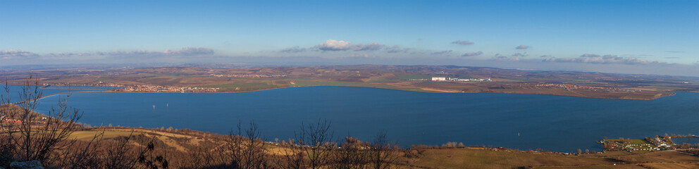 Panorama of Mušov lakes in beautiful autumn weather. Photo from the ruins of Girl's Castles in Palava in the Czech Republic