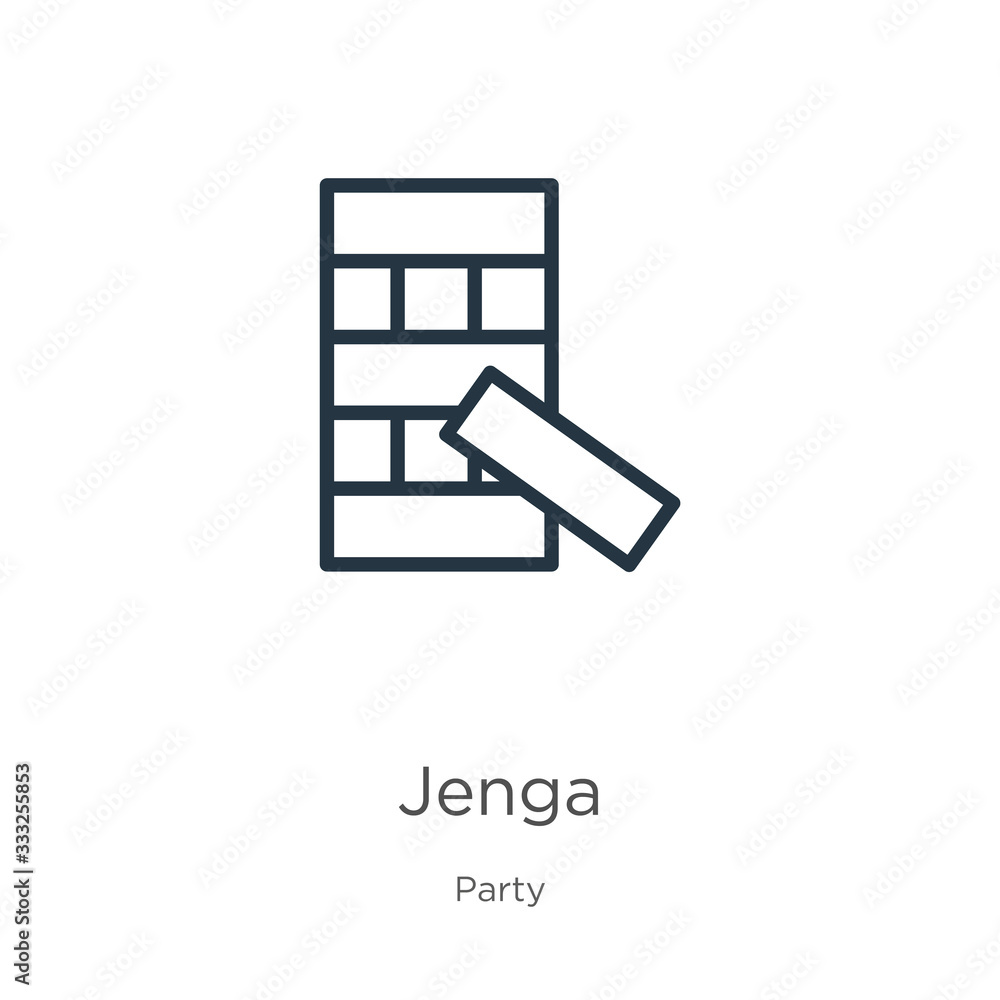 Poster jenga icon. thin linear jenga outline icon isolated on white background from party collection. line 